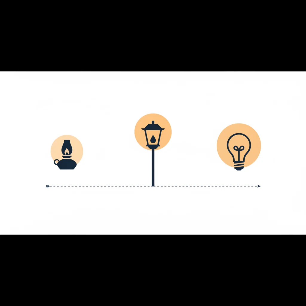 De lantaarnopstekers — Intzicht: drie lichtbronnen naast elkaar (olielamp, gaslantaarn, moderne gloeilamp) in flat-design die de evolutie van straatverlichting toont als metafoor voor de transitie naar AI in marketing.